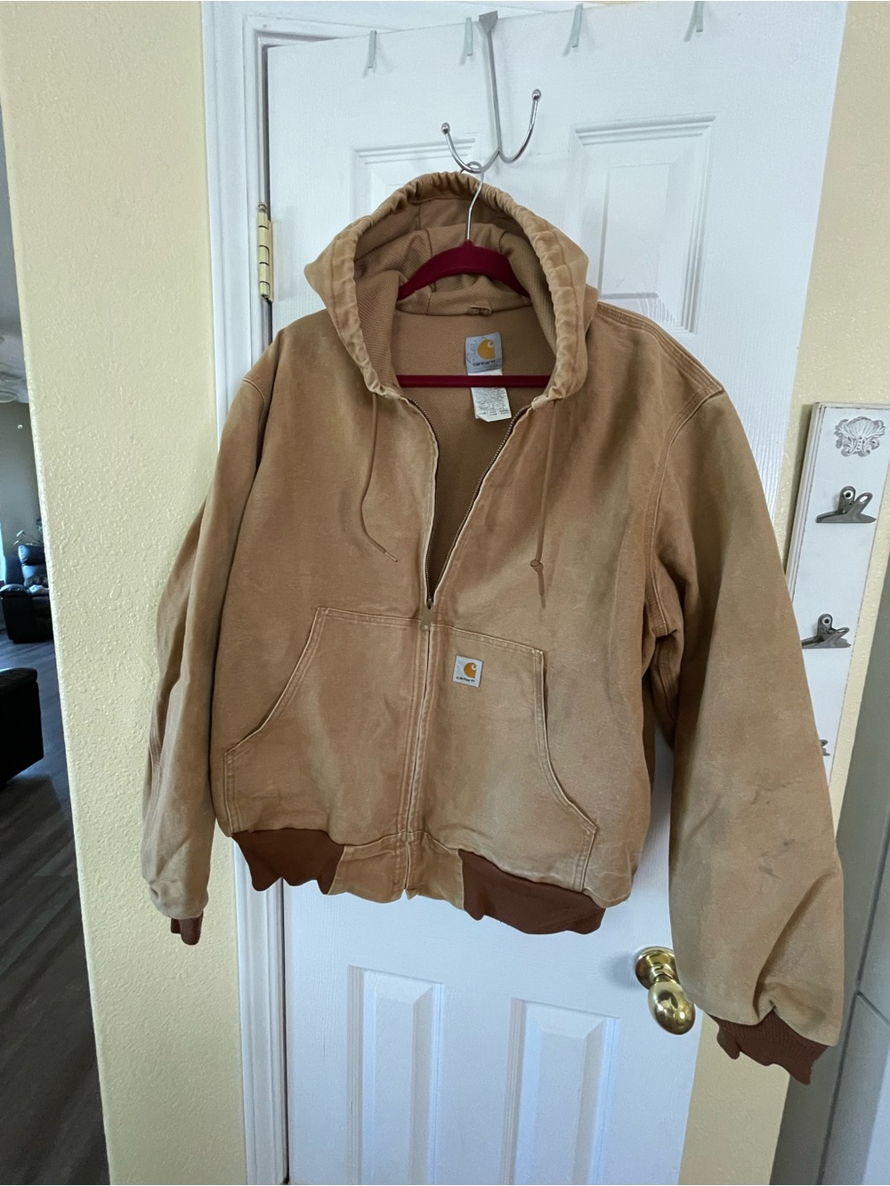 Carhartt Brown Hooded Work Jacket with Rib Knit Hem